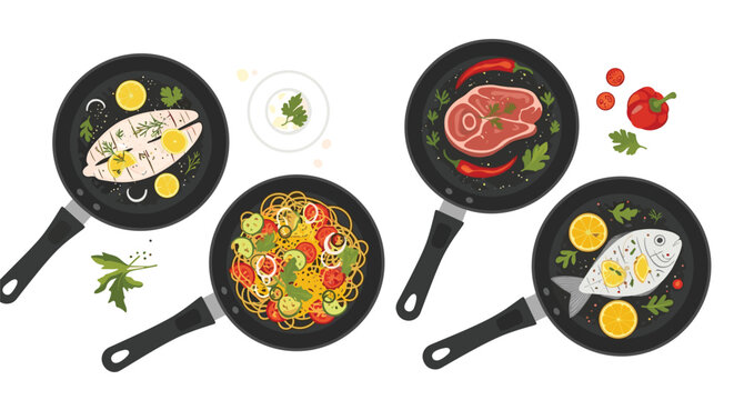 top view of four frying pans containing different cooked meals including fish pasta meat and vegetables on white background.
