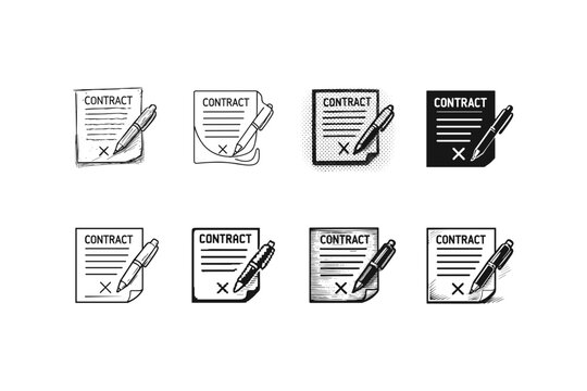 Collection of hand-drawn contract signing icons with different artistic styles