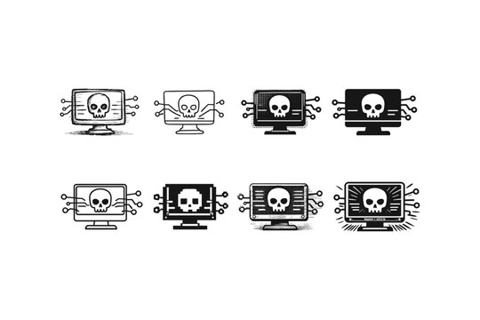 Collection of computer icons featuring skull and crossbones for cyber security threats