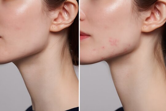 clean minimal portrait showing patch test result, calm skin vs mild irritation, skincare concept