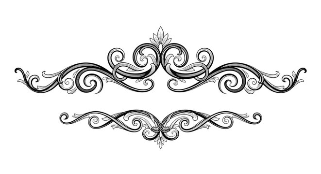 pair of elegant black and white ornate dividers with scrolling flourishes and floral motifs for formal document decoration.