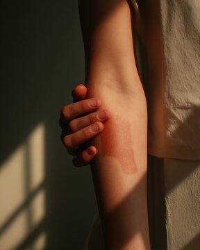 person checking patch test area on arm, observing skin reaction,