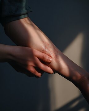 person checking patch test area on arm, observing skin reaction,
