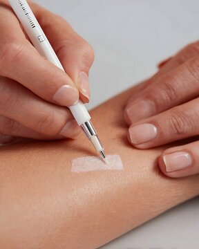 person marking small patch test area with pen on arm, skincare safety testing,