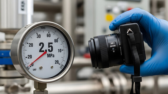 A technician wearing blue nitrile gloves taking a photograph of a pressure gauge.