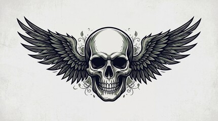 Fototapeta premium A detailed pixel art illustration of a dark skull with wide feathered wings spread out symmetrically