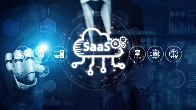 Visual representation of SaaS showing infrastructure, SaaS deployment, SaaS platform features, and SaaS integration model in digital environment. Muxer
