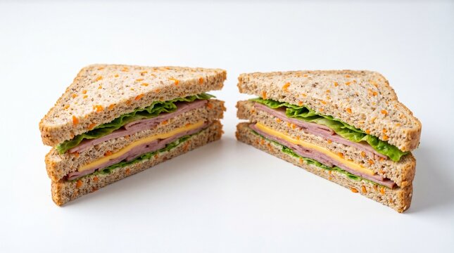 Two triangle shaped pieces of a triple decker multigrain ham cheese and lettuce club sandwich