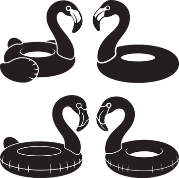 Flamingo Pool Float Silhouette Set &ndash; Inflatable Summer Swim Ring Icons black and white silhouette, vector and illustration