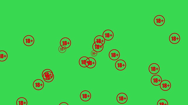 Animated red 18+ Age Restriction Sign Icon on Green Screen Background for Adult Content.