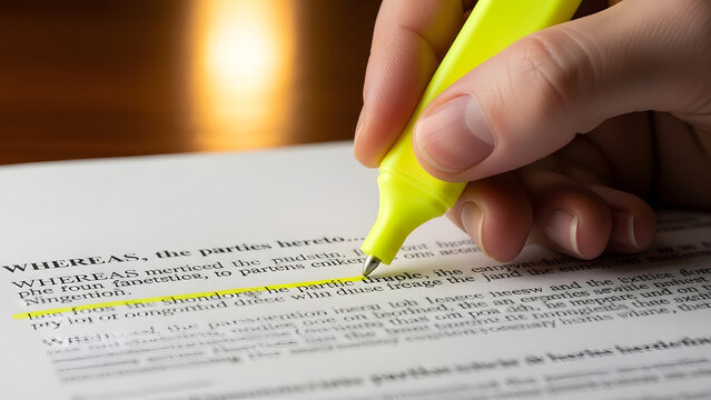 Person using a yellow highlighter to mark text on a legal document.