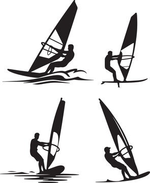 Windsurfing Silhouettes Set &ndash; Water Sports Action Poses with Sailboard black and white silhouette, vector and illustration	
