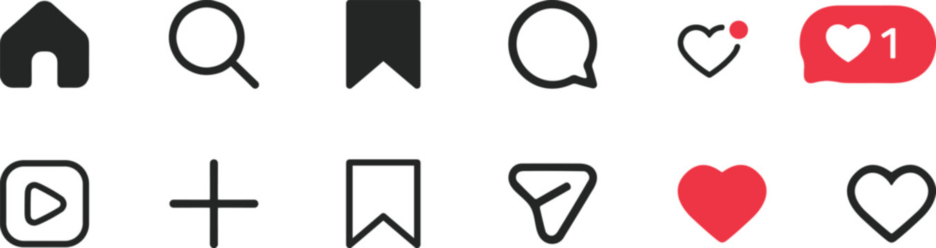 Instagram style social media icons set with like, comment, share, repost, save and notification symbols including red heart speech bubble UI elements