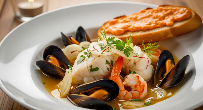 Saffron Bouillabaisse Rouille Croutons Monkfish Mussels French Seafood Stew
