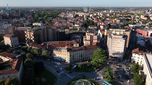 Aerial view of Brescia Italy - old world architecture mixed with modern city living on a summer day