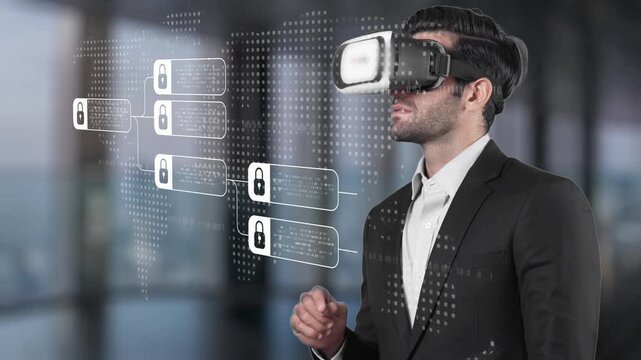 A businessman wearing a virtual reality headset interacts with digital security visualizations, showcasing the intersection of technology and modern business strategies. Raster