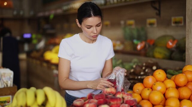 Focused positive woman shopping in organic food store, choosing flat peaches. High quality 4k footage