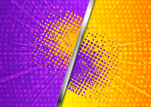 Abstract violet and orange versus background with silver metallic divider, halftone dot patterns, and grunge texture. Vector design for sports, gaming, and competitive battle themes
