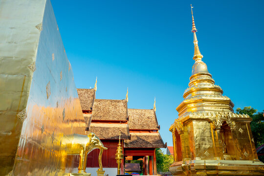 Golden stupa at Wat Phra Singh temple in Chiang Mai, Thailand	
