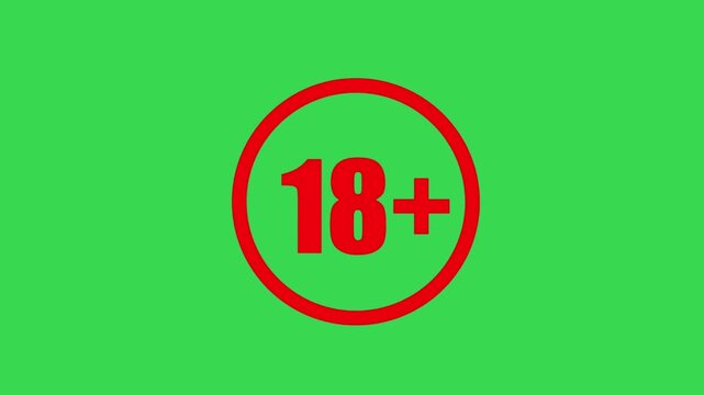 Animated red 18+ Age Restriction Sign Icon on Green Screen Background for Adult Content.