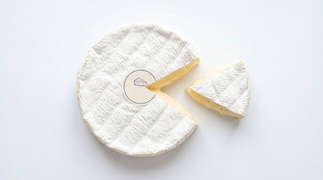 A round wheel of creamy brie cheese with one triangular slice removed from the main cheese wheel