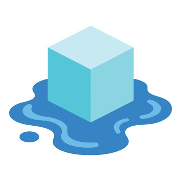 Ice cube melting into puddle of water on white background icon