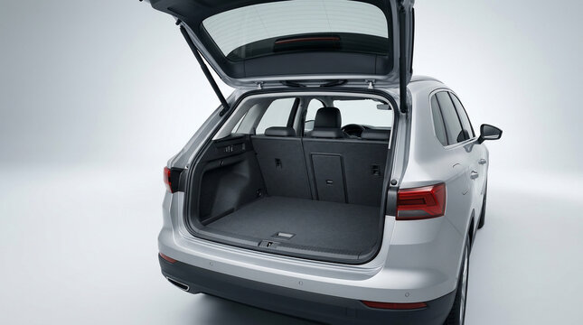 Silver car with open trunk space.