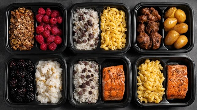 Six prepackaged black meal containers display varied nutritious portions arranged in two rows.