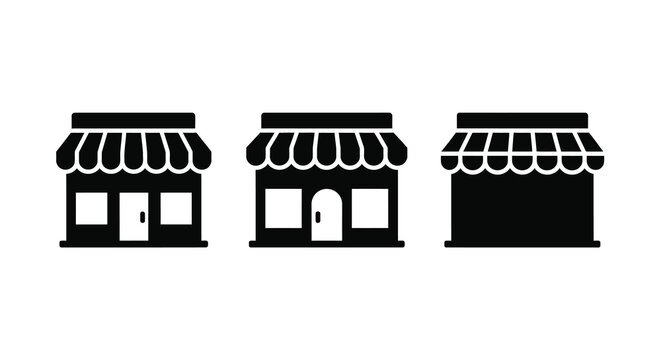 Three identical storefronts with awnings are depicted in a dark silhouette