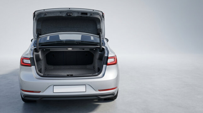 Silver car with open trunk space.