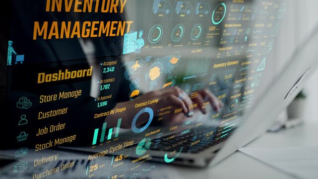 Inventory management dashboard showing supply chain performance, stock levels, order cycle times, cost reduction, and procurement ROI. Inventory tracking, and streamline warehouse efficiency. Thunk
