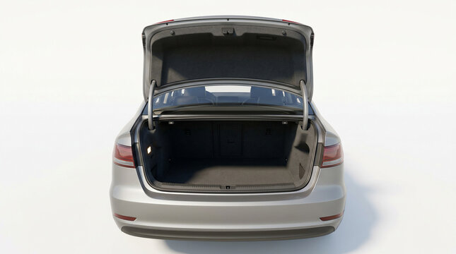 Silver car with open trunk space.