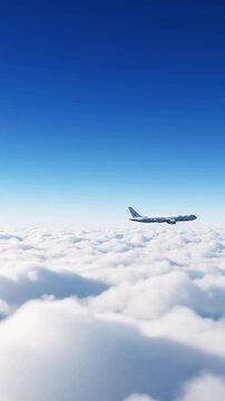 Commercial Passenger Airplane Flying High Above White Fluffy Clouds in Clear Blue Sky