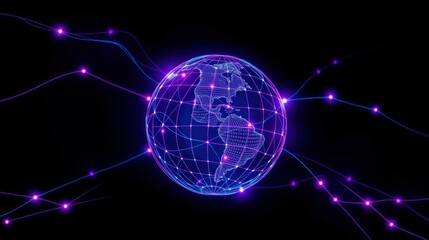 Naklejka premium Glowing globe connected via network lines. Digital world representation, futuristic design, dark background. Communication concept.