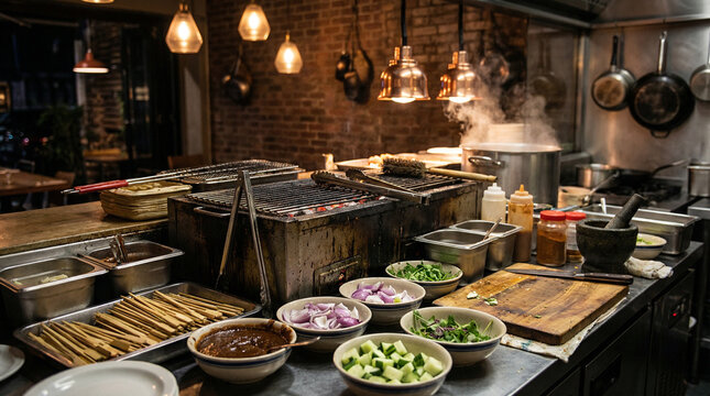 Professional kitchen grill station with skewers cooking on grill, bowls of chopped vegetables, cutting board, condiment bottles, steaming pot, hanging pans and brick wall background