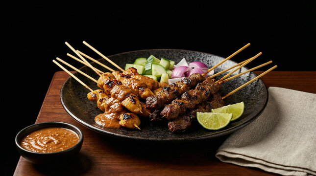 Plate of grilled chicken and beef satay skewers served with peanut sauce, lime wedges, cucumber, and red onion on a black plate with a beige napkin on a wooden table for restaurant-style food photogra