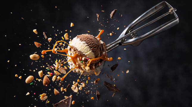 A delicious scoop of chocolate and vanilla ice cream with toppings exploding around it, captured mid-air by an ice cream scoop