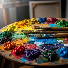 Fototapeta premium Colorful paint palette with brushes on table.