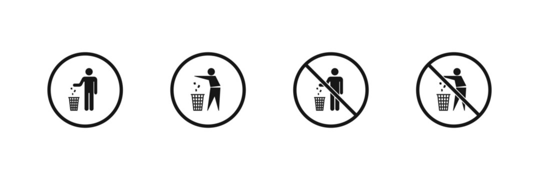 Set of icons showing people littering and prohibition signs for littering