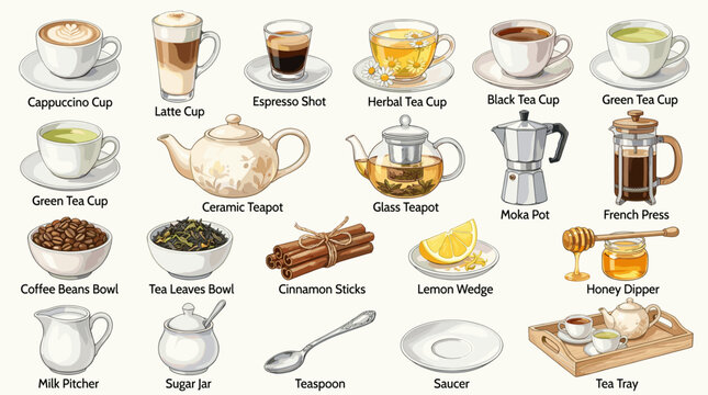 Watercolor coffee drink vector set with espresso, cappuccino, latte, mocha, teapot and cups for cafe menus, beverage charts, coffee shops and breakfast design