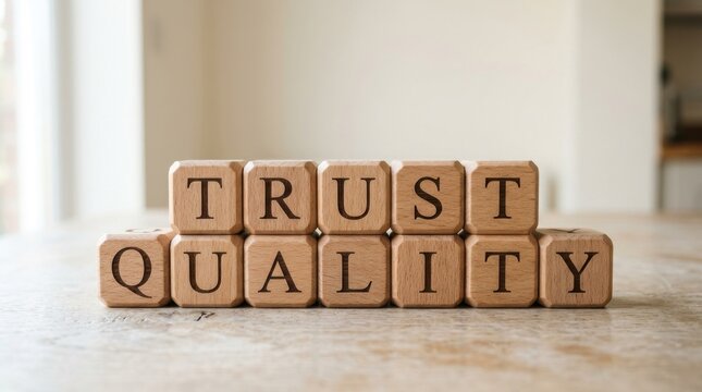 Building Blocks of Trust and Quality: A close-up shot presents wooden blocks arranged to spell TRUST QUALITY, conveying the core values of reliability and excellence.