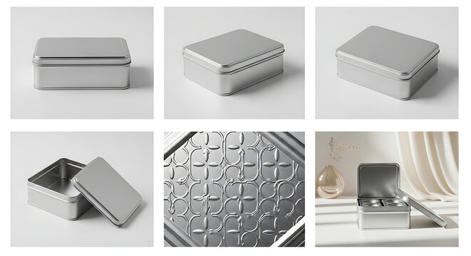 Set of metal rectangular tin containers with embossed pattern.
