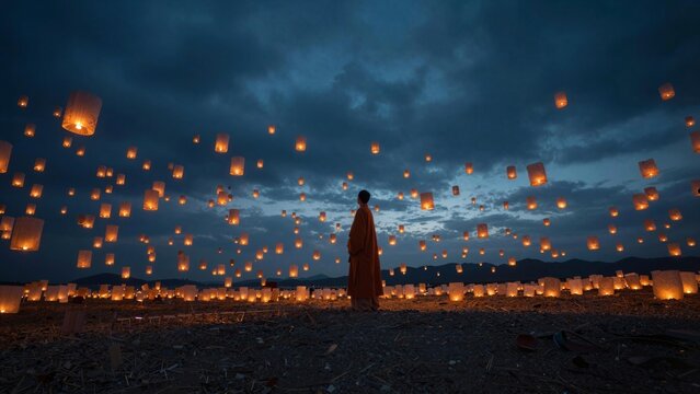 Monk beneath floating lanterns at dusk under dramatic sky