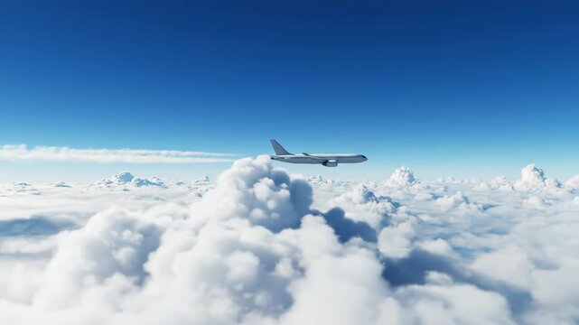 Commercial Passenger Airplane Flying High Above White Fluffy Clouds in Clear Blue Sky