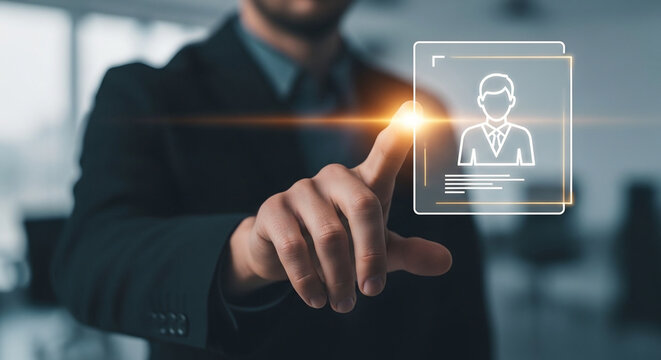 Professional's hand touches virtual screen, glowing user icon for digital identity, human resources, and access management technology
