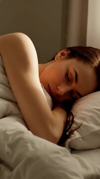 Peaceful young woman sleeping in bed with white pillow and warm cozy lighting