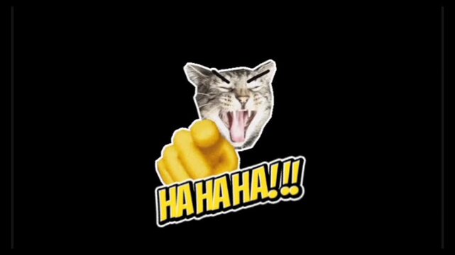 laughing cat animation with hahaha text and pointing hand on black background