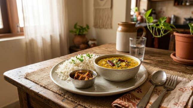 Comforting bowl of dal and rice served with a side of pickles on a rustic wooden table