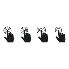 Obraz premium Four black hand icons with finger pointing and concentric circles on white background icon