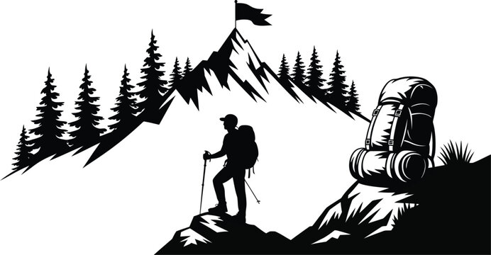 Silhouette of hiker reaching mountain peak with flag symbolizing achievement, vector illustration representing success, perseverance, and goal accomplishment, ideal for motivational branding